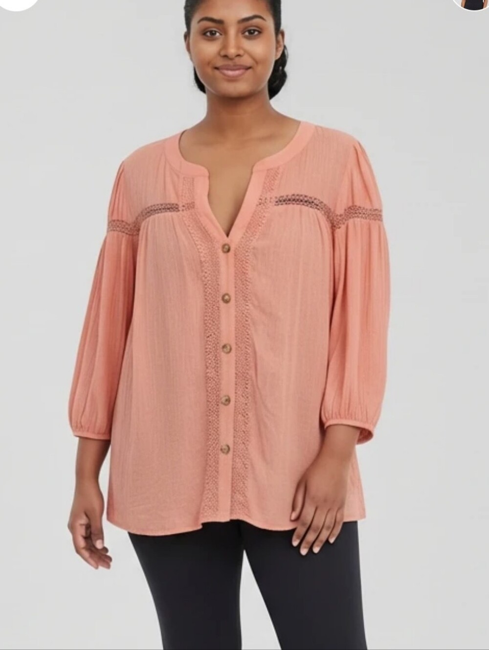 Blu Pepper Pink Crochet-Trim Button Front Blouse